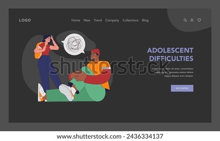 Adolescent difficulties concept. Troubled teens confiding in one another, grappling with internal challenges. Worries, concerns, youth struggles and mental health issues. Flat vector illustration