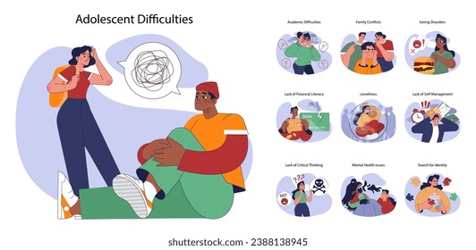 Adolescent difficulties set. Teenagers navigate challenges such as academic struggles, family tensions, eating disorders, self-discovery. Learning to deal with hardships. Flat vector illustration