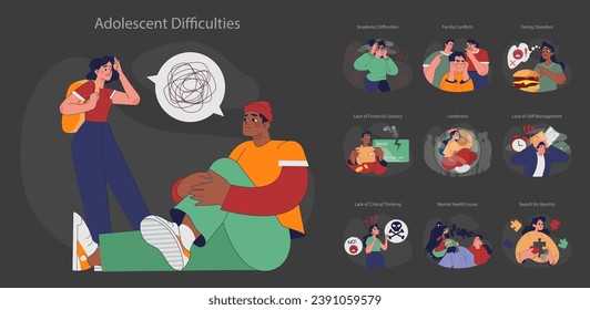 Adolescent difficulties set. Teenagers navigate challenges such as academic struggles, family tensions, eating disorders, self-discovery. Learning to deal with hardships. Flat vector illustration