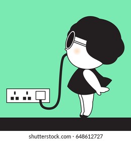 Adolescent Girl Charging Cord Plug Wire To Boost Her Energy On Monday Concept Card Character illustration