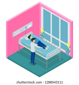 Adolescent isometric illustration assisted with isometric composition of living facilities with personnel providing care for occupant vector vectors