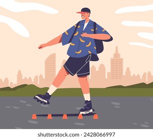 Adolescent Skater Boy Glides Through The Park, Weaving Between Cones With Effortless Precision Vector Illustration