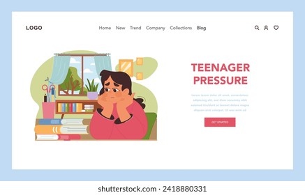 Adolescent stress concept. Teenager copes with the weight of expectations, symbolizing struggle with academic and social pressures. Support in youth challenges. Flat vector illustration