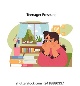 Adolescent stress concept. Teenager copes with the weight of expectations, symbolizing struggle with academic and social pressures. Support in youth challenges. Flat vector illustration