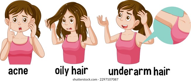 Adolescent Struggles with Oily Hair Acne and Underarm Hair illustration