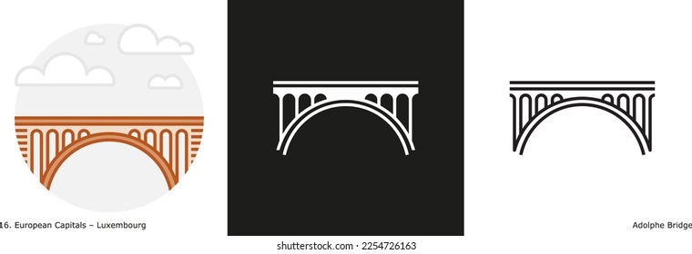 Adolphe Bridge filled outline and glyph icon. Landmark building of Luxembourg.
