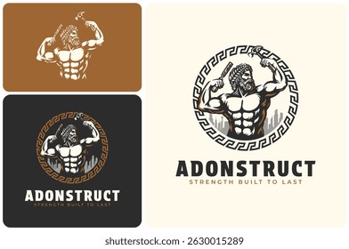 Adonis the Builder Vintage Vector Logo – Muscular Mythical Greek God grabbing a construction hammer and woodworking equipment in a Circular Greek Frame