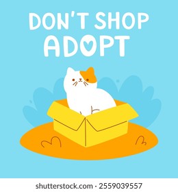 Adopt banner with cute homeless cat in a box. Cartoon poster about adoption with pet and text.