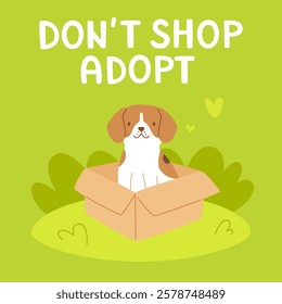 Adopt banner with cute homeless dog in a box. Cartoon poster about adoption with pet and text.	