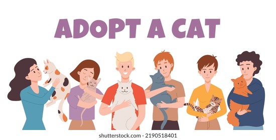 Adoptar una pancarta de gato o una plantilla de afiche con personajes de gatos y personas, ilustración vectorial plana. Adopción de animales domésticos a partir del concepto de refugio de pancartas.