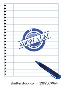 Adopt a Cat blue ink pen emblem. Vector Illustration. Detailed.