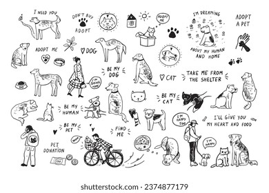 Adopt cat, dog vector line illustrations set.