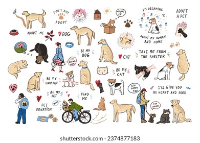 Adopt cat, dog vector line illustrations set.