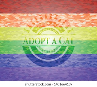 Adopt a Cat emblem on mosaic background with the colors of the LGBT flag