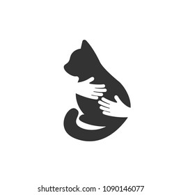 Adopt a cat logo. Pet care. Hug a cat. Hands with a cat silhouette. Vector illustration. 