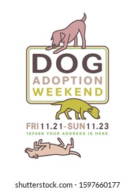 Adopt do not buy. Dog adoption weekend poster. Lonely puppies waiting for an owner. Rescuing concept. Editable vector illustration in brown, green colors isolated on a white background. Charity event