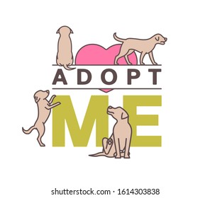 Adopt do not buy. Dog adoption organization poster. Lonely puppies waiting for an owner. Rescuing concept. Vector illustration in brown, green colors isolated on a white background. Charity event