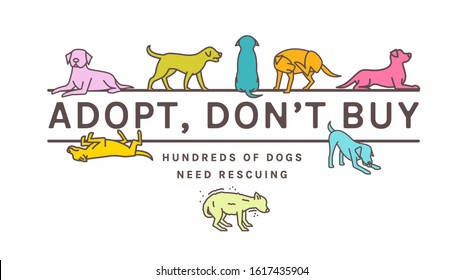 Adopt do not buy. Dog adoption event horizontal poster. Lonely puppy waiting for an owner. Rescuing concept. Editable vector illustration in bright colors isolated on white background. Charity advert