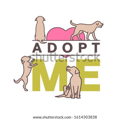 Adopt do not buy. Dog adoption organization poster. Lonely puppies waiting for an owner. Rescuing concept. Vector illustration in brown, green colors isolated on a white background. Charity event