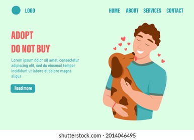 Adoptar no comprar la plantilla del vector de la página de aterrizaje. Felices dueños de mascotas. Un joven abraza a un perro. Ilustración vectorial plana