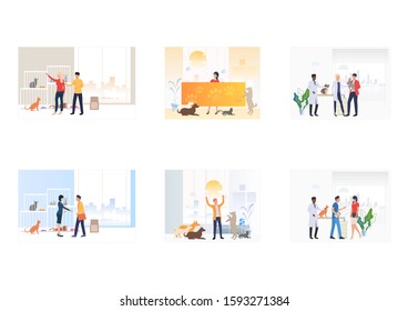 Adopt do not shop set. Adoption or buying pets, playing with cats, dogs, rabbit, visiting veterinary. Flat vector illustrations. Animal care concept for banner, website design or landing web page