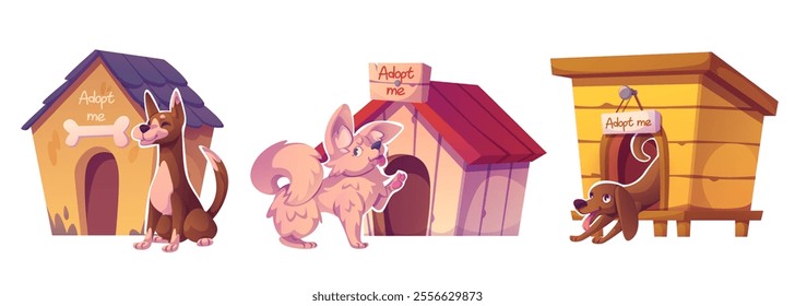 Adopt dog companion in shelter. Homeless pet for adoption. Cute stray character near wood doghouse isolated icon. Kennel hut with red roof and sign symbol. Canine cottage construction for charity