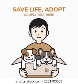 adopt a dog concept, man holding a cardboard box with puppies, outline cartoon style