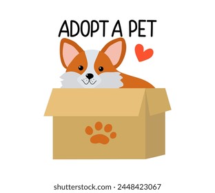 Adopt dog. Cute cartoon homeless puppy in a box, on the street. Adopts pets and fosters them. Pet adoption concept. Text, inscription. Don't buy, help homeless animals find a home. Flat design style.