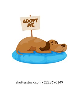 Adopt a dog, cute puppy lying on bedding with banner adopt me. Isolated vector cartoon canine character in shelter for homeless animals. Stray pets adoption, helping charity, finding owners for dogs