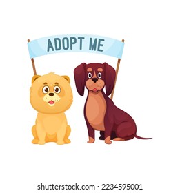 Adopt dog, pet animals adoption sign, homeless dogs and puppy rescue shelter vector emblem. Adopt dog icon with funny cartoon smiling dogs and banner flag