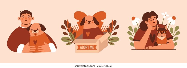 Adopta al perro. Conjunto de Ilustraciones vectoriales ingenuas con personas, que se preocupan por sus perros. Mujer abrazando bulldog francés. Hombre sosteniendo a su mascota. Perro sentado en la caja con el texto "Adoptame". Artes de Clip Kawaii.