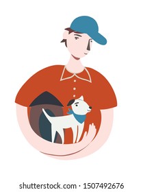 Adopt a dog vector concept. Happy man is hugging an adopted dog. 