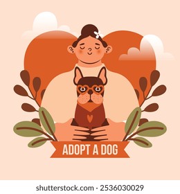 Adote, não compre! Modelo de banner quadrado criativo. Ilustração ingênua com jovem, que abraça seu cão adotado com grande coração ao fundo. Estilo plano. Kawaii clip art com bulldog francês. 