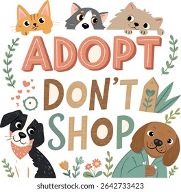 Adopt Dont Shop Cute Animals Vector Illustration for Pet Shelter Adoption Awareness Campaign
