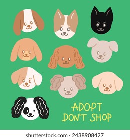 ADOPT DON'T SHOP puppy artworks for social media post, decoration, print, animal icon, logo, pet shop, dog, print, card, banner, background, wallpaper, cartoon character, plush toy, doll, patches, ads