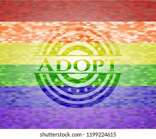 Adopt emblem on mosaic background with the colors of the LGBT flag