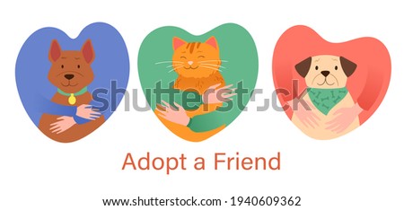 Adopt a friend abstract concept. Human hands hugging pet Cat and two dogs Dogs depicted in heart-shaped frames. Animal care adoption concept. Set of flat cartoon vector illustrations isolated on white