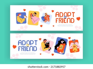 Adopt a friend banners. People hug pets, animal adoption concept with young women holding cute funny cats and guinea pig on hands. Human tenderness, love and charity Linear flat vector web banner