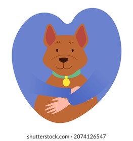 Adopt Friend concept. Character in form of heart hugs cute puppy. Man takes care of stray dog. Do not buy pets. Volunteer gives animal home and love. Cartoon contemporary flat vector illustration