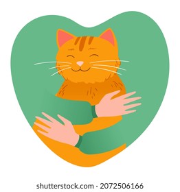 Adopt Friend concept. Human hands in green sweater hug cute fluffy kitten. Character rescues stray animal and takes care of it. Do not buy pets. Cartoon contemporary flat vector illustration