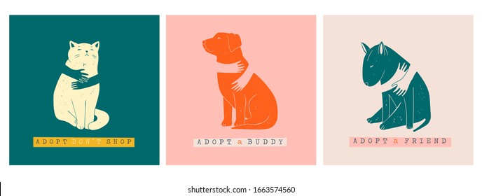 Adopt a Friend. Do not buy a pet. Human hands are hugging Dogs and Cat. Animal care, adoption concept. Help the homeless animals find a home. Set of three Hand drawn Vector illustrations