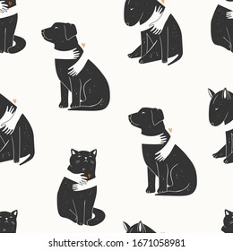 Adopt a Friend. Do not buy a Pet. Human hands are hugging Dogs and Cat. Animal care, adoption concept. Help the homeless animals find a home. Hand drawn Vector seamless pattern. Wallpaper