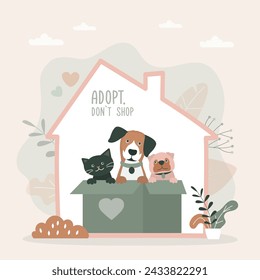 Adopte amigo, no compre - perros lindos y gato sentado en la caja en el nuevo hogar. Cartel sobre la adopción de mascotas. Cuidado de animales, adopción. Ayuda a los animales sin hogar a encontrar el concepto de hogar. Mascotas solitarias esperando a un dueño.