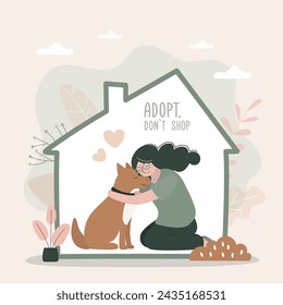 Adopta a un amigo, no compres - mujer feliz abrazando a un nuevo amigo perro en casa. Cartel sobre la adopción de mascotas. Cuidado de animales, adopción. Ayuda a los animales sin hogar a encontrar el concepto de hogar. Mascotas con propietario. ilustración vectorial