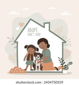 Adopt friend, don't shop - people hugging new dog friend at home. Banner about pet adoptation. Animal care, adoption. Help homeless animals find home concept. Pets with owner. flat vector illustration