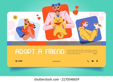 Adopt a friend landing page. People hug pets, animal adoption concept with young women holding cute funny cats and guinea pig on hands. Human tenderness, love and charity Linear flat vector web banner