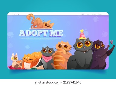 Adopt me cartoon landing page. Homeless pets adoption event announcement promo with funny kittens. Animal shelter charity, rescue, protection and support, custody, help to stray cats Vector web