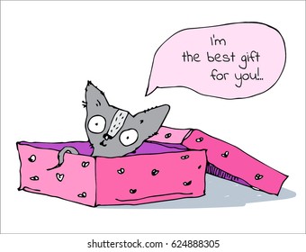 Adopt me. Cat inside opened cardboard pink package box. Pet adoption. Kitten with speech bubble. Help homeless animal concept White background Isolated vector illustration