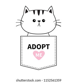Adopt me. Cat sitting in the pocket. Pink heart. Cute cartoon animals. Kitten kitty character. Dash line. Pet animal collection. T-shirt design Baby background Isolated Flat design Vector illustration