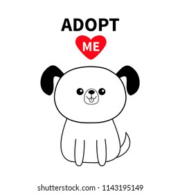 Adopt me. Contour sitting dog silhouette. Red heart. Pet adoption. Kawaii animal. Cute cartoon pooch character. Funny baby puppy . Help homeless animal Flat design. White background Vector